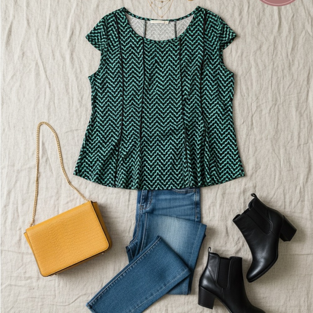 Maria Gabrielle Plus Size 2X Teal Black Chevron Print Peplum Top Blouse
